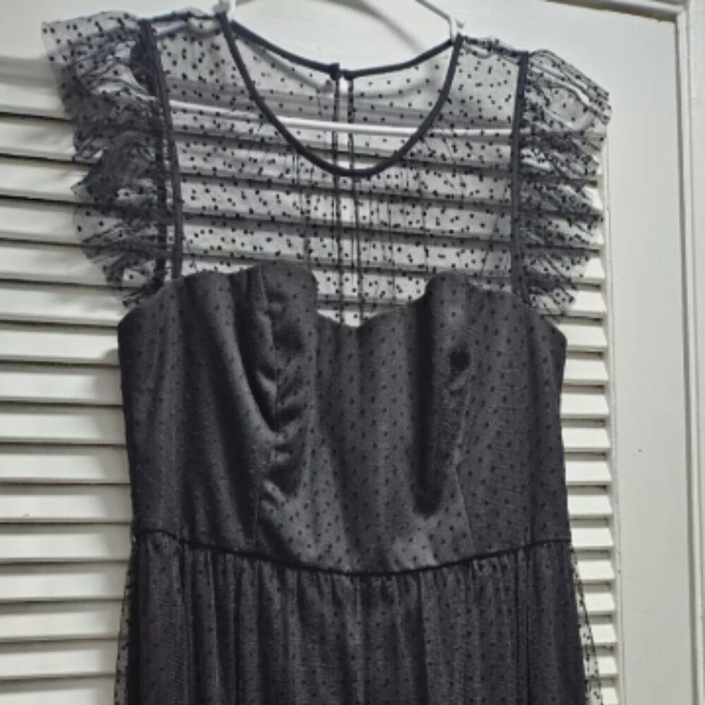 JASON WU tulle Mesh Black Dot Midi Dress Size 14 Petite Fit & Flare Party